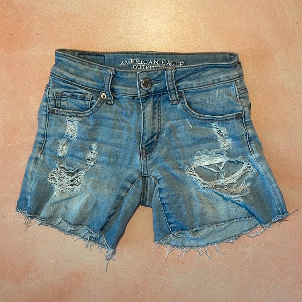 American Eagle Super Super Stretch Denim Jean Cutoff Distressed Shorts - 00